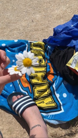  Fotografia Sara i Leo amb 2 maragarites-salvatges i tovallola