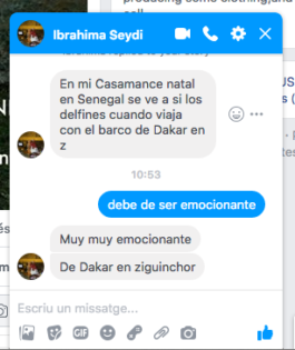 Captura d'una conversa amb messenger amb Ibrahim Seydi, captura de una conversación en messenger con Ibrahima Seydi, Screenshot of a private messenger conversation with Ibrahima Seydi