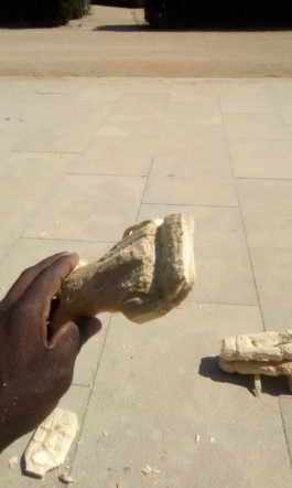 Ibrahima Seydi agafa amb una ma la seva Escultura d'una Balena de fusta , Ibrahima Seydi coge con una mano su escultura de una Ballena de madera, Ibrahima Seydi takes his wood whale sculpture by the hand