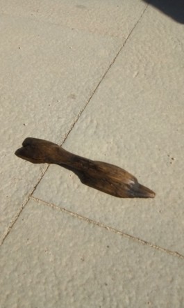 Escultura d'un Dofí de fusta d'Ibrahima Seydi al terra, Escultura de Delfín de madera de Ibrahima Seydi en el suelo, Dolphin wood sculpture displayed on the floor
