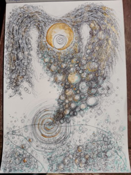  Dibuix Mediumico de Anna Madriles de una Ballena sale un circulo de moleculas y circulos de colores dorados