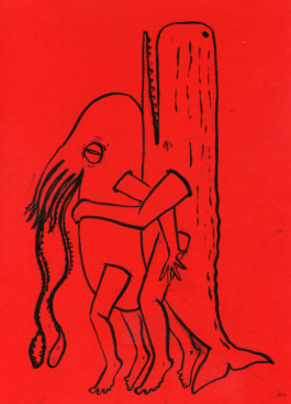  Dibujo de Evripides & His Tragedies en papel, Dibujo en papel rojo y tinta negra un Cachalote y un Calamar en forma vertical con brazos y piernas se abrazan titulo Calamar cachalote