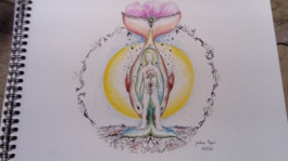  Dibuix: de Jordina Papió, una transformació simbiótica de Balena a Dona amb una cua de balena al cap i envoltada de dos cercles un groc l'altre de cetácis