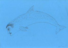  Dibujo de Evripides & His Tragedies en papel celeste a lápiz hay una figura de un Delfín con cara humana con bigote titulo Delfin cara humana