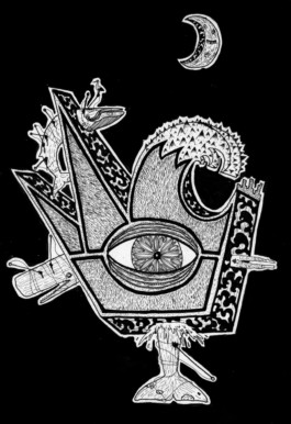  Dibujo de Evripides & His Tragedies. Titulo: Diablos del abismo 2, en fondo negro una figura geometrica en forma de corona con diferentes formas ola de mar, morro de Ballena, Ballena atrapada en una de las puntas, y en el centro un ojo abierto, arriba a la izquierda la luna creciente, Blanco y negros y grises.