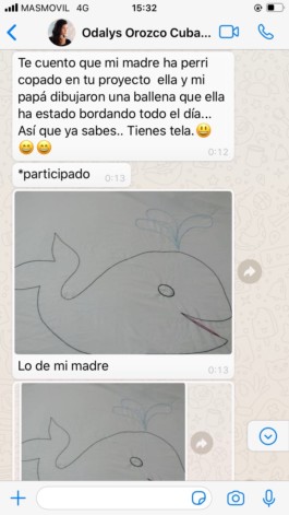  imatge: Pantallazo d'un missatge whatsup d'Odalys Orozco la seva mare ha participat brodant una Balena