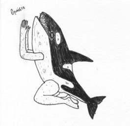  Dibujo de Evripides & His Tragedies titulado Orkasti en fondo blanco hay una orca con piernas y brazos humanos que está en posición de rezo con las piernas flexionadas, en blanco y negro.