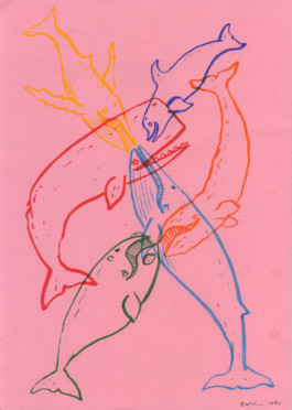  Dibuix Evripides and his Tragedias de un grup de cetácis de colors i transparents amb fons rosat.