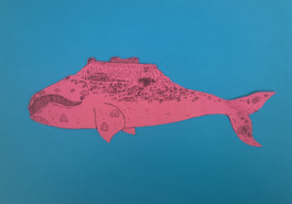 Dibuix d'Evripides and his tragedies : ballena acropolis de color rosat una balena amb l'acropolis a l'esquena