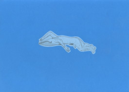  Dibujo de Euripides & His Trajedies titulada Ballena nadador, en fondo azul y con cera blanca hay una ballena con formas humanas, culona