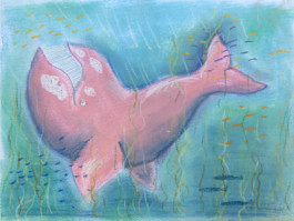  Dibujo de Evripies & His Tragedies en tonos pasteles verdes y azules turquesasuna figura de una Ballena rosa titulo Ballena Rosa