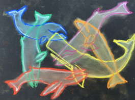  Imagen de un dibujo de Evripides & his Trajedies, llamado Ballenas neon: son 6 dibujos de ballenas en grupo de colores roja,fucsia, amarilla, naranja, turquesa y azul