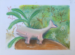  Dibujo de Evripides & His Tragedies en papel y colores aparece una figura de una Ballena de color rosado con 4 patas, está en tierra y al fondo hay un campo verde con plantas de hojas grandes título Cachalote- Cerdito