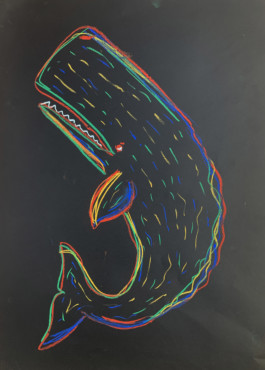 Dibujo sobre papel negro de diferentes colores neon una Ballena vertical, el titulo es Cachalote Neon y es de Evripides & His Trajedias