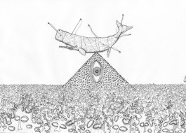 Dibujo de Evripides & His Tragedies titulado Cachalote Piramide, en papel blanco horizontal aparece una figura de una piramide con un ojo abierto vertical i en la punta un cahalote hacindo equilibrio.