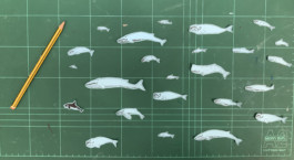 Dibujo de Euripides & His Tragedies sobre un grupo de Ballenas en fondo verde Titulado Small Whales.