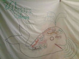  Bordado de dos Ballenas de Nancy madre de Ody y Nancy, una ballena canta o emite ondas enfrente de la otra y son Ballenas llenas de Amor,placer, protección, ley, majestualidad, balleza, esplendor, universo, canto y océano y la otre está llena de Diversidad, Ballenatos, inmensidad, armonia, cielo, alegría,paz,tranquilidad, azul y luz.