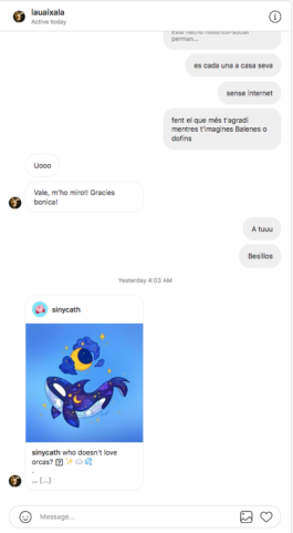  Captura de pantalla conversa amb Laura aixalà: a les 16:02H enllaç de Instagram, dibuix d'una orca amb fons bl i una lluna amb estrelles a sobre una lluna.