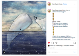  Captura de pantalla enviada per Pilar Cortés mare de Antoni Hervàs Cortés d'una publicaciò de IG, una il·lustracio d'una balena blanca cahalote que surt del mar i és mira d'aprop un pinguí a sobre d'un glacial.