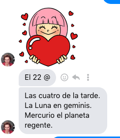 Captura de pantalla de un mensaje de Pilar Mayoralas: El 22 @ Las cuatro de la tarde. La Luna en geminis. Mercurio el planeta regente. y hay un dibujo de una cara de una persona con el pelo rosa que aguanta a un corazón.