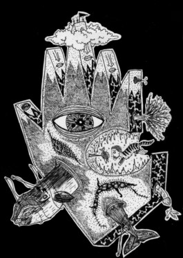  Dibujo de Evripides & His Tragedies. Titulo: Diablos del abismo , en fondo negro una figura geometrica en forma de corona con diferentes formas, cada pico una montaña, ola de mar, morro de Ballena, Ballena atrapada en una de las puntas, y en el centro un ojo abierto, Blanco y negros y grises.