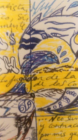 Detall de Ilustració de Tashi_ amb fons groc apareixen dibuixos a boligraf blau de formes geometriques i poemes lliures: Oblid, oblid, oblid, SicoDelfines