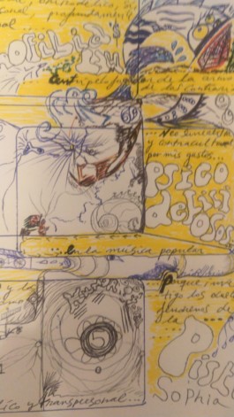  Ilustració de Tashi_ amb llibre de poemes de Carrer de l'Oblid fons groc apareixen dibuixos a boligraf blau de formes geometriques i poemes lliures: Oblid, oblid, oblid, SicoDelfines