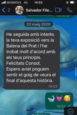  Captura de movil Whats up de Salvador Filella, He seguit el projecte i te molt sentit amb els teus principis, et felicito Consol