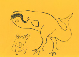  Dibujo de Evripides & His Tragedies titulado Ballena Dinosaurio en papel amarillo aparecen 2 figuras, una de ellas con piernas de ambfibio.