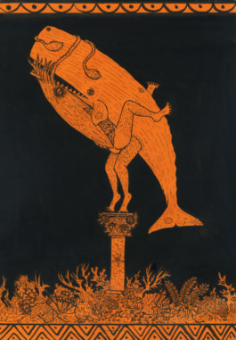  Dibujo de Evripides & His Tragedies Titulado Ballena Grecia Antigua , en fondo negro un dibujo de color naranja una ballena con piernas humanas situada de perfil encima de una columna.