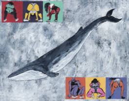  Ilustración de Andrea Ganuza de la publicación, es la portada y aparece una ballena Rorqual Común de lado y arriba a la izquierda 3 figuras enseñando el culi postura agachada en tres colores difernetes rojo negro y verde y abajo a la derecha tres figuras en tres cuadros en color narnja amarillo y azul y tb en postura agachada y mostrando el pompis