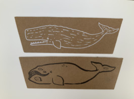  Dibujo de Evripides & His Tragedies sobre carton, dos figuras de Ballenas tipo Cachalote y la otra Ballena Franca titulo Ballenas en cartón 2.