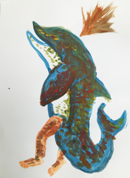  Dibujo de Evripides & His Tragedies Titulado Delfin tempera loco , en fondo blanco un dibujo de colores azul, verde, naranjas, Delfin con piernas humanas situada de perfil.